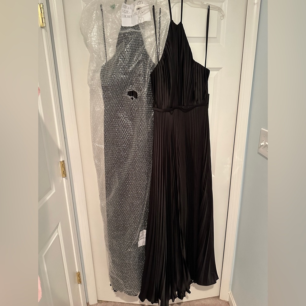 NWT MAC DUGGAL 27457 BLACK SATIN JUMPSUIT Sizes 6 & 8 with POCKETS - Picture 9 of 12